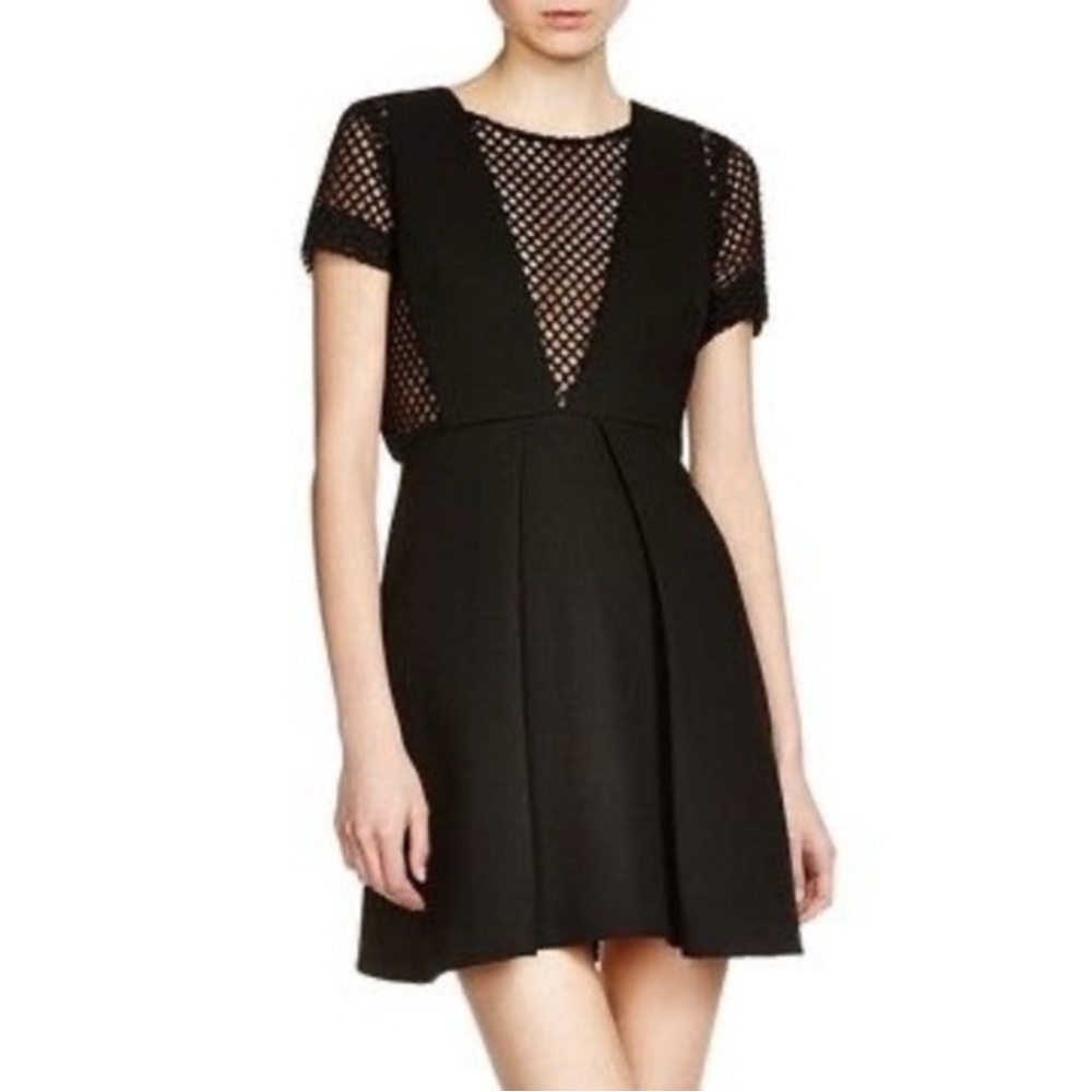 Maje Black Crepe Reve Mini Business Casual Cocktail Dress w/‎ Mesh Detail Small